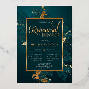 Invitation En Aluminium Dîner de répétition Emerald green et real gold foi
