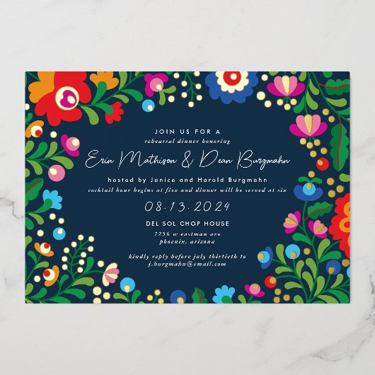 Invitation En Aluminium Dîner de répétition Mariage de broderie mexicaine (Recto)