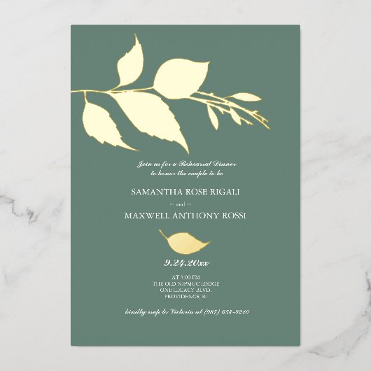 Invitation En Aluminium Dîner de répétition Mariage vert (Recto)