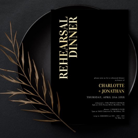 Invitation En Aluminium Dîner de répétition moderne Black & Gold