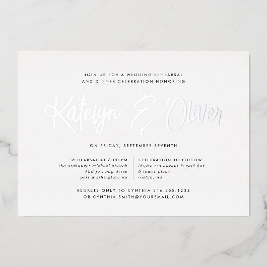 Invitation En Aluminium Dîner de répétition signature moderne Argent (Recto)
