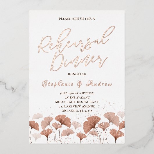 Invitation En Aluminium Dîner de répétition Terracotta Foliage Rose Or (Recto)