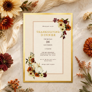 Invitation En Aluminium Dîner de Thanksgiving Élégant Floral Citrouille Ru
