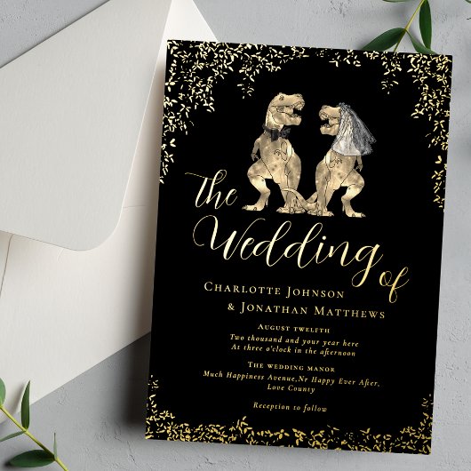 Invitation En Aluminium Dinosaur Bride and Groom Wedding Black and Gold