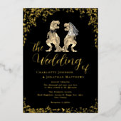 Invitation En Aluminium Dinosaur Bride and Groom Wedding Black and Gold (Recto)