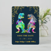 Invitation En Aluminium Dinosaur Mariage à thème Enregistrer la date Or (Debout devant)
