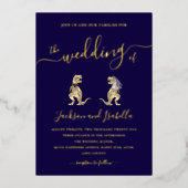 Invitation En Aluminium Dinosaur mariage T-Rex Mariée et Groom Blue Gold (Recto)