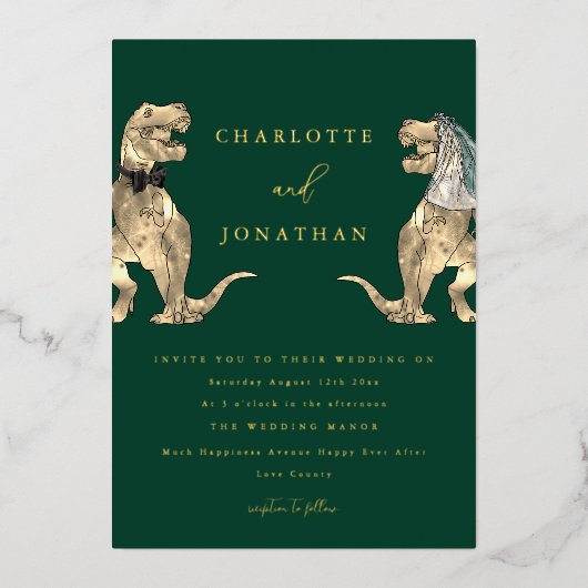 Invitation En Aluminium Dinosaur thème Mariage Vert et Or (Recto)