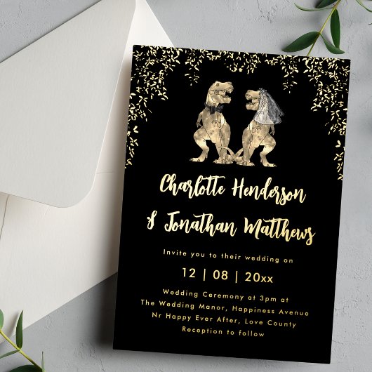Invitation En Aluminium Dinosaur Wedding T-Rex Bride & Groom Black & Gold
