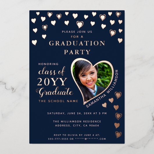 Invitation En Aluminium Diplômé 2025 Marine Bleu & Rose Gold Graduation (Recto)