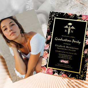 Invitation En Aluminium Diplôme de l'école d'infirmières Floral Gold en vé
