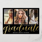 Invitation En Aluminium Diplômé de l'or Foil Script 3-Photo Graduation (Recto)