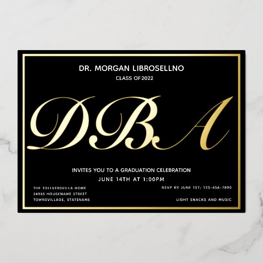 Invitation En Aluminium Diplômé d'or noir DBA (Recto)