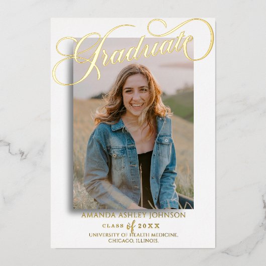 Invitation En Aluminium Diplômé en script photo noir blanc (Recto)