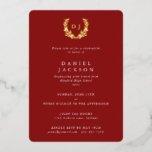 Invitation En Aluminium Diplôme Monogramme Rouge + Couronne de Laurier