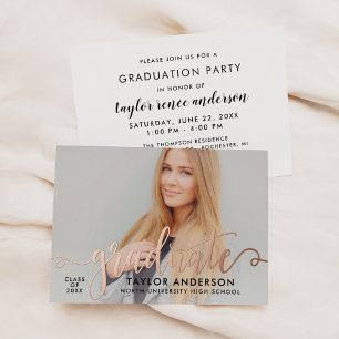 Invitation En Aluminium Diplômé Rose Gold Moderne Écriture Photo de Remise