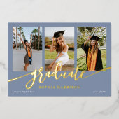 Invitation En Aluminium Diplômé Script 3 Photos Dusty Blue Graduation (Recto)