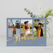 Invitation En Aluminium Diplômé Script 3 Photos Dusty Blue Graduation (Debout devant)