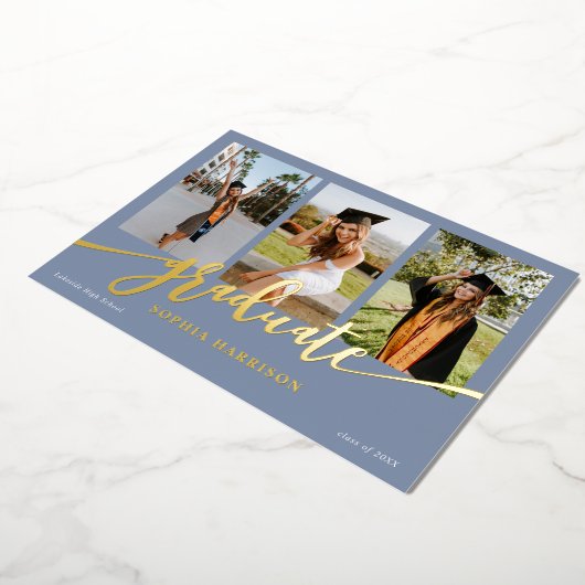 Invitation En Aluminium Diplômé Script 3 Photos Dusty Blue Graduation (Rotation)