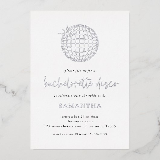 Invitation En Aluminium Disco Ball Script Bachelorette Party Real Foil Inv (Recto)