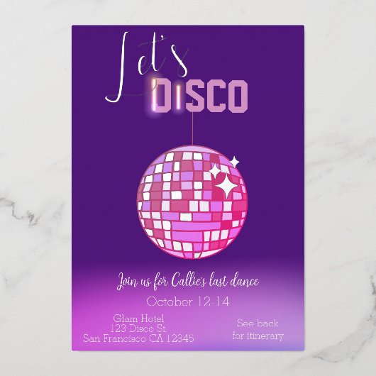 Invitation En Aluminium Disco Neon Bachelorette (Recto)