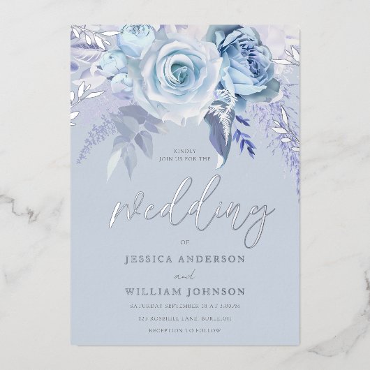 Invitation En Aluminium Divine Dusty Blue Floral Mariage Real Silver (Recto)