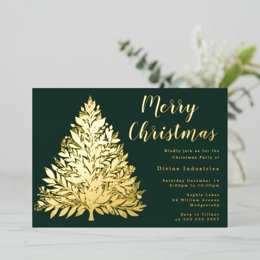 Invitation En Aluminium Divine Gold Foil Arbre de Noël Pine Vert (Debout devant)