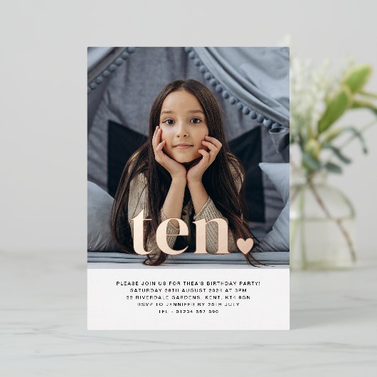 Invitation En Aluminium Dix Coeurs Photo Anniversaire Rose Gold (Debout devant)