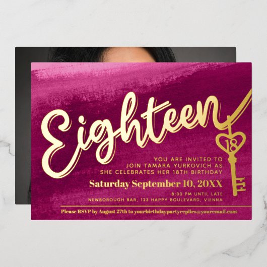 Invitation En Aluminium Dix-huit clé de script 18e anniversaire or rouge r (Recto/Verso)