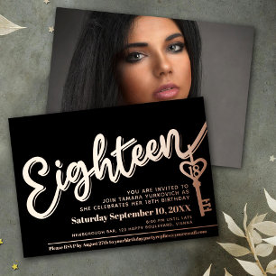 Invitation En Aluminium Dix-huit Photo clé or noir 18e anniversaire