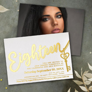 Invitation En Aluminium Dix-huit texte manuscrit clé 18e anniversaire or b