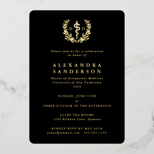 Invitation En Aluminium Docteur noir en médecine ostéopathique (Recto)