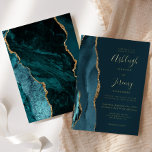 Invitation En Aluminium Doré moderne Turquoise Bleu Agate Dark Mariage<br><div class="desc">Le bord gauche de cette élégante faire-part de mariage moderne est doté d'une bordure turquoise en aquarelle bleue ornée d'une parties scintillant en faux or. Le texte personnalisable combine écriture manuscrite, copperplate et polices italiques en feuille d'or réelle sur un arrière - plan turquoise foncé. L'envers présente un design d'agate...</div>