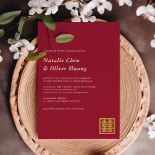 Invitation En Aluminium Double Bonheur Mariage Chinois Moderne Rouge + Or