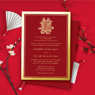 Invitation En Aluminium Double Bonheur Moderne Floral Rouge Mariage Chinoi