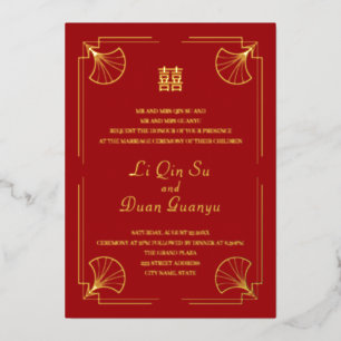 Invitation En Aluminium Double Bonheur Rouge Mariage chinois Vrai Or