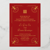 Invitation En Aluminium Double Bonheur Rouge Mariage chinois Vrai Or (Recto)