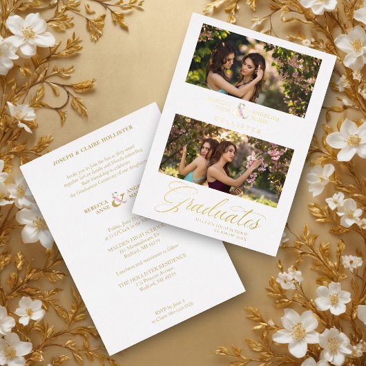 Invitation En Aluminium Double Graduation Chic Golden 2 Photos Modern