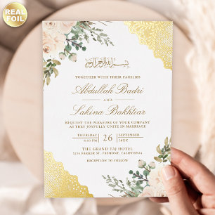 Invitation En Aluminium Douces Roses Crème Broderie Or Code QR Mariage Mus