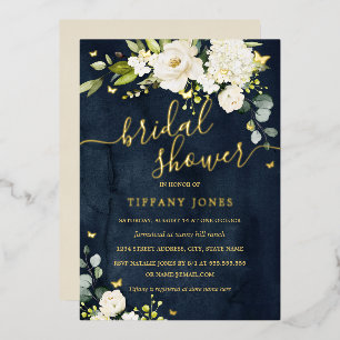 Invitation En Aluminium Douche de Mariée Navy Champagne Floral Or