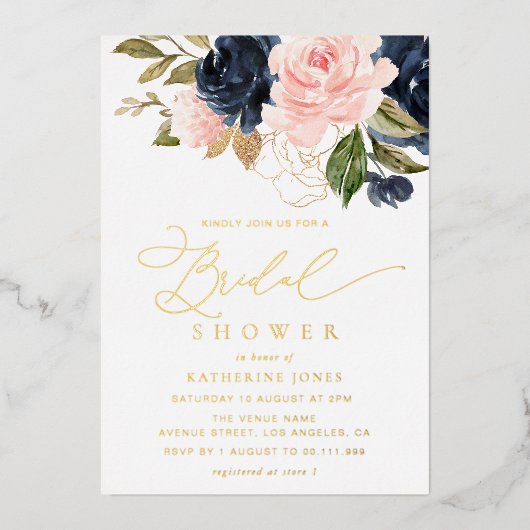 Invitation En Aluminium douche nuptiale bleu marine et florale (Recto)