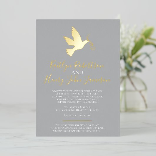 Invitation En Aluminium Dove gris or simple mariage avec photo (Debout devant)