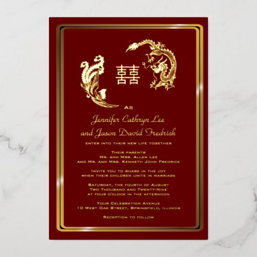 Invitation En Aluminium Dragon Phoenix Double Bonheur Mariage Or (Recto)