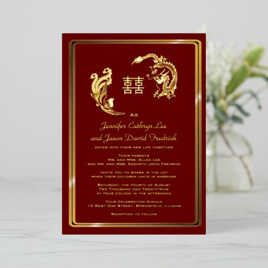 Invitation En Aluminium Dragon Phoenix Double Bonheur Mariage Or (Debout devant)