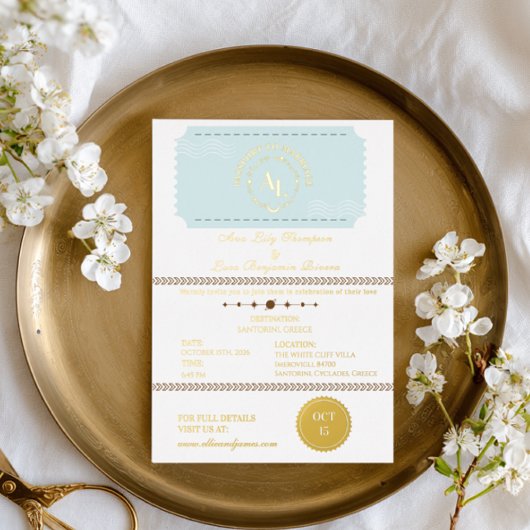 Invitation En Aluminium Dusty Blue Boarding Pass Mariage cosmique