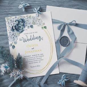 Invitation En Aluminium Dusty Blue Floral Aquarelle or Mariage à huile