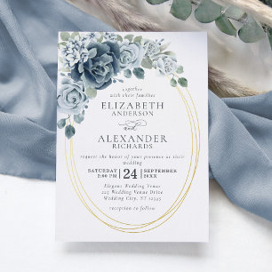 Invitation En Aluminium Dusty Blue Floral Elégant Mariage Botanique Or