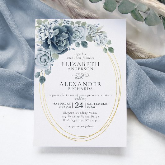 Invitation En Aluminium Dusty Blue Floral Elégant Mariage Botanique Or
