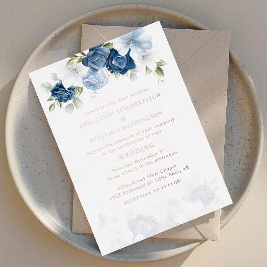Invitation En Aluminium Dusty Blue Floral Mariage Rose or