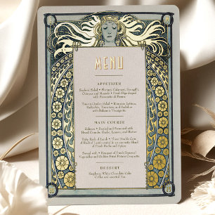 Invitation En Aluminium Dusty Blue Gold Art Nouveau Menu Alphonse Mucha